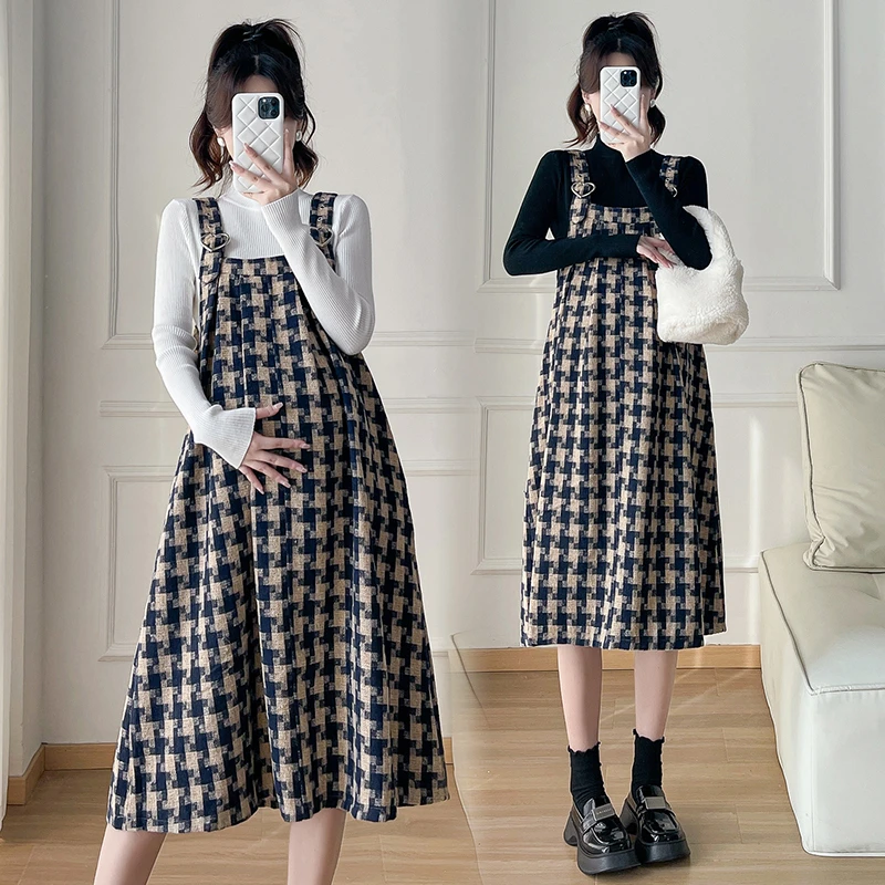 孕妇裙秋冬款韩版宽松遮肚毛呢背带格子裙+毛衣两件套孕妇裙子