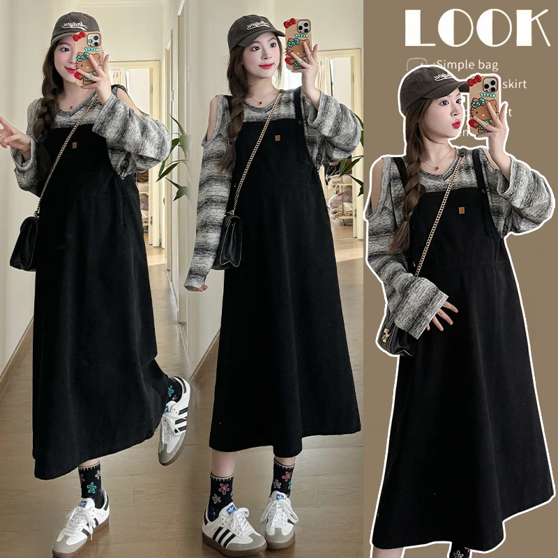 孕妇裙春季新款时尚外穿宽松甜美减龄两件套孕妇背带裙上衣套装裙