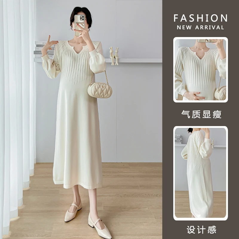 孕妇装春秋款时尚气质V领针织孕妇连衣裙灯笼袖显瘦潮妈打底长裙