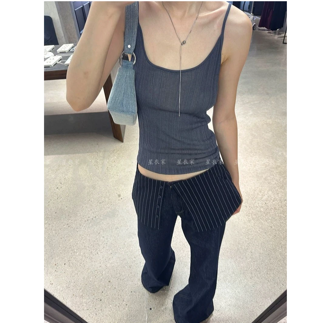 欧美复古水洗假两件牛仔裤女春秋新款辣妹设计感解构拼接拖地长裤