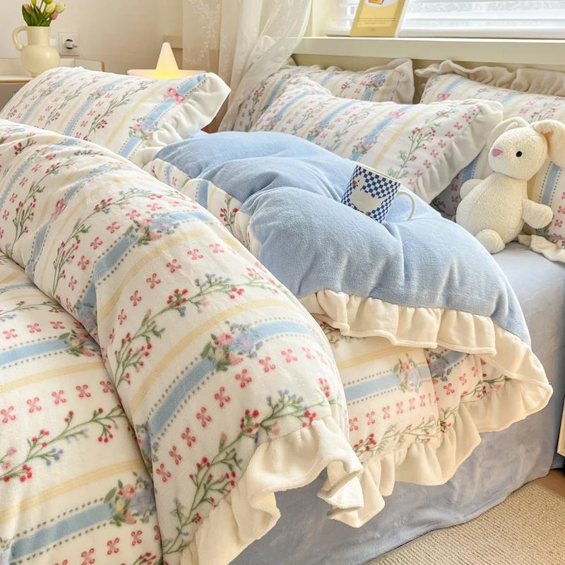 四件套冬天牛奶绒床单被罩ins唯美花边被套冬款珊瑚绒毛绒双面绒4