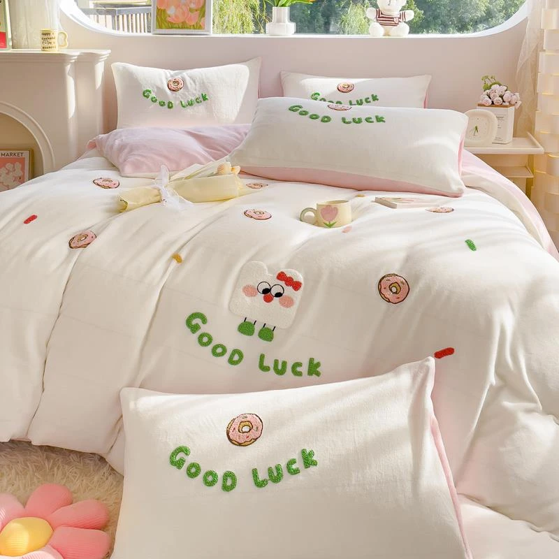 公主风床上四件套冬季牛奶绒被套可爱少女珊瑚绒被单加厚保暖床单