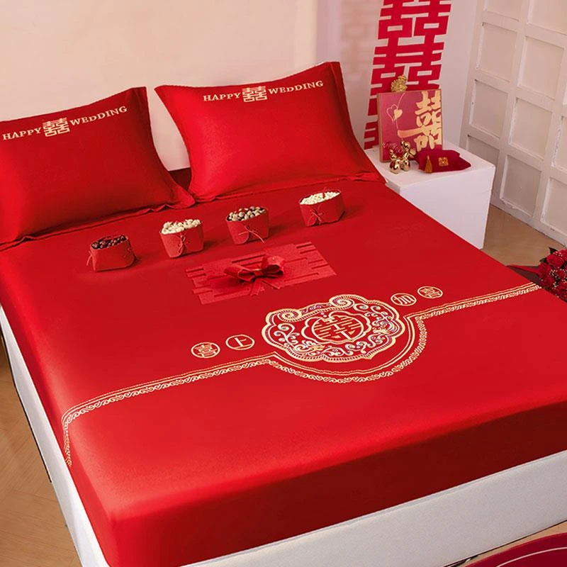 结婚喜庆红色床笠2米床罩单件180x200cm席梦思床垫保护罩全包床单