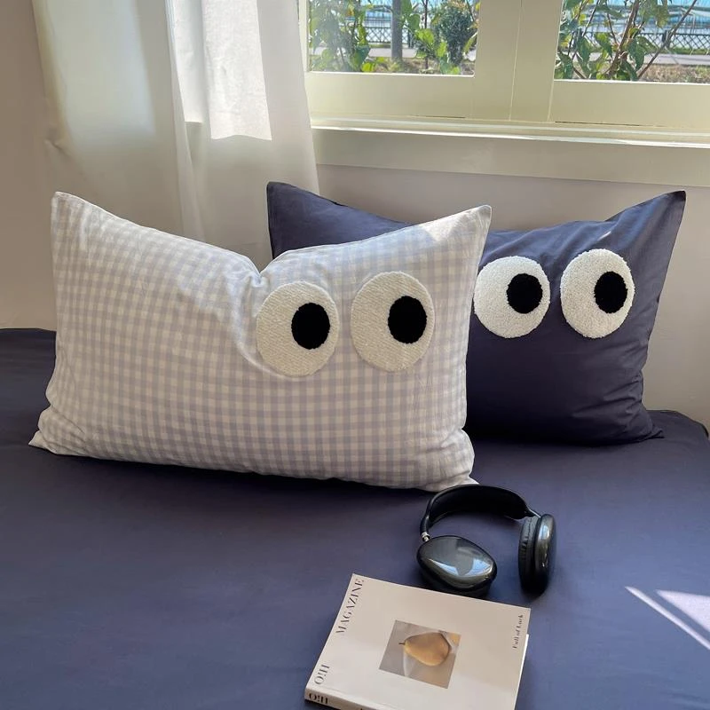 萌趣毛巾绣大眼睛枕头套一对装48x74cm单人枕芯内胆套2个装可爱风