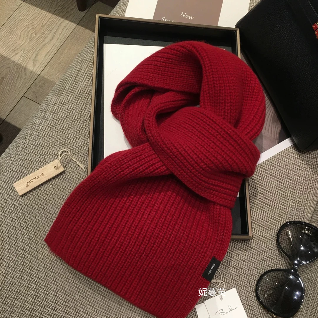 2025新款100%羊毛围巾女秋冬季韩版百搭纯色针织加厚保暖红色围脖
