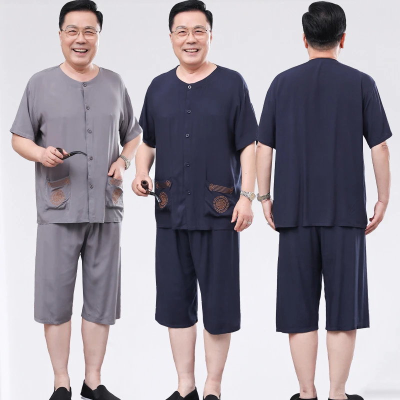 中老年男夏季短袖棉绸套装60岁70爸爸家居服刺绣绵绸开衫爷爷睡衣