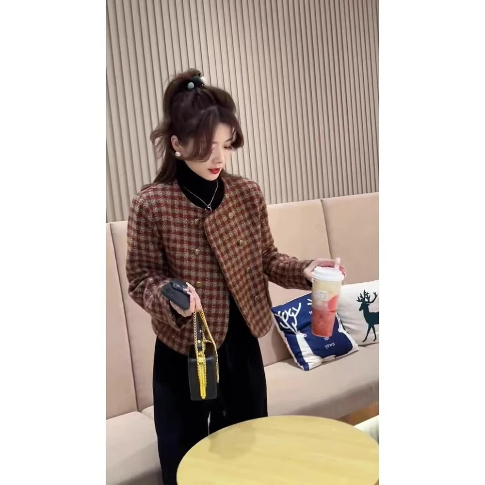 加棉小香风格子短款外套女2024秋冬长袖圆领双排扣韩版百搭上衣