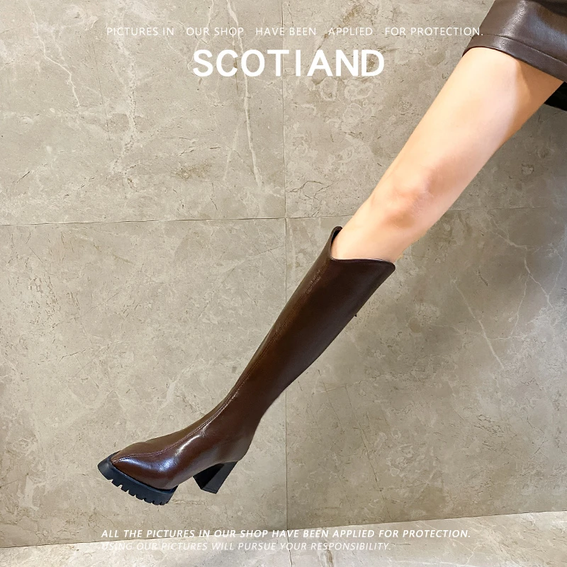 长筒靴女2025秋冬季高跟鞋尖头西部长靴V口粗跟厚底小个子骑士靴
