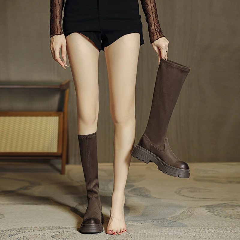 2025秋冬新款圆头厚底中筒靴小个子百搭英伦风气质女靴