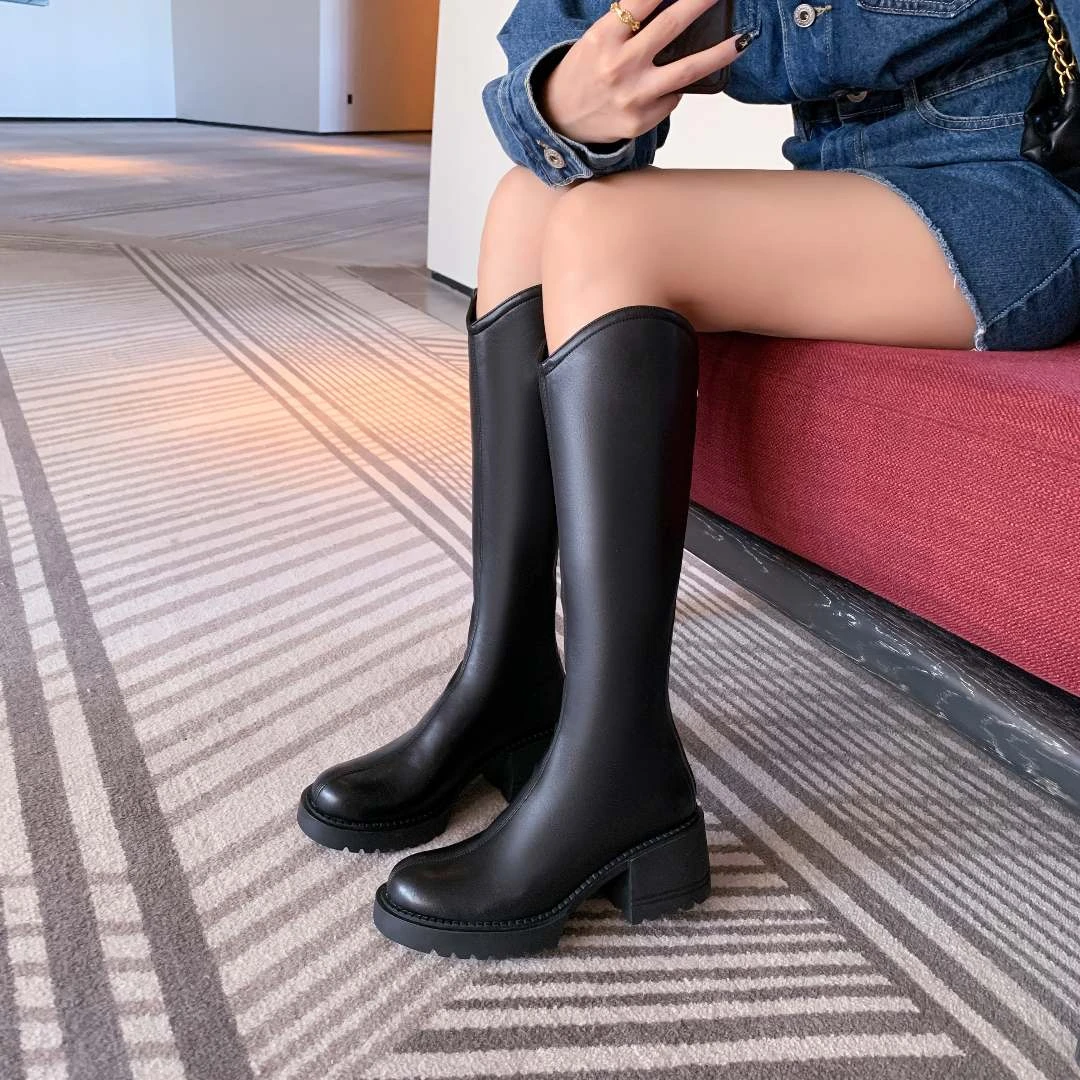 2025年秋冬款厚底过膝长靴女后拉链显瘦高筒靴女V口加绒骑士靴