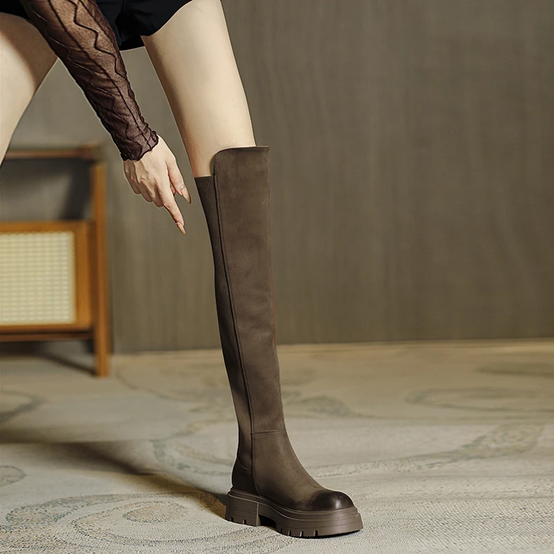 2025秋冬新款小个子圆头显高显瘦厚底复古百搭过膝长靴女靴