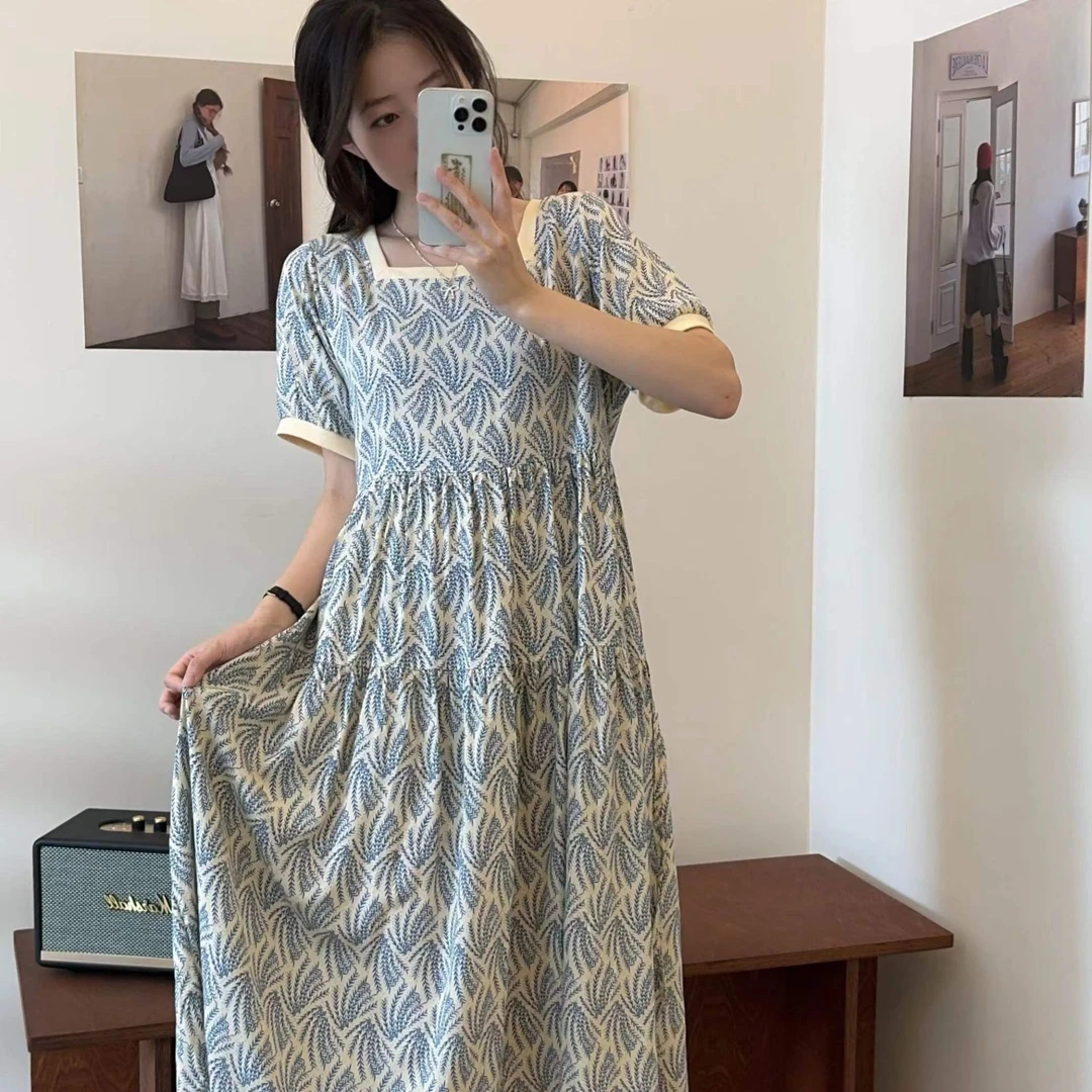 2024夏季新款绵绸方领腰绳显瘦时尚碎花百搭休闲通勤连衣裙6323