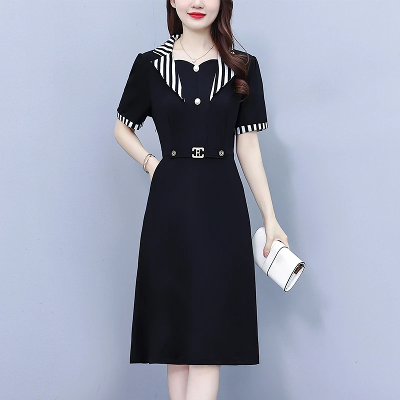 2025夏季新款大码女装条纹西服领拼色时尚气质遮肉显瘦高档连衣裙