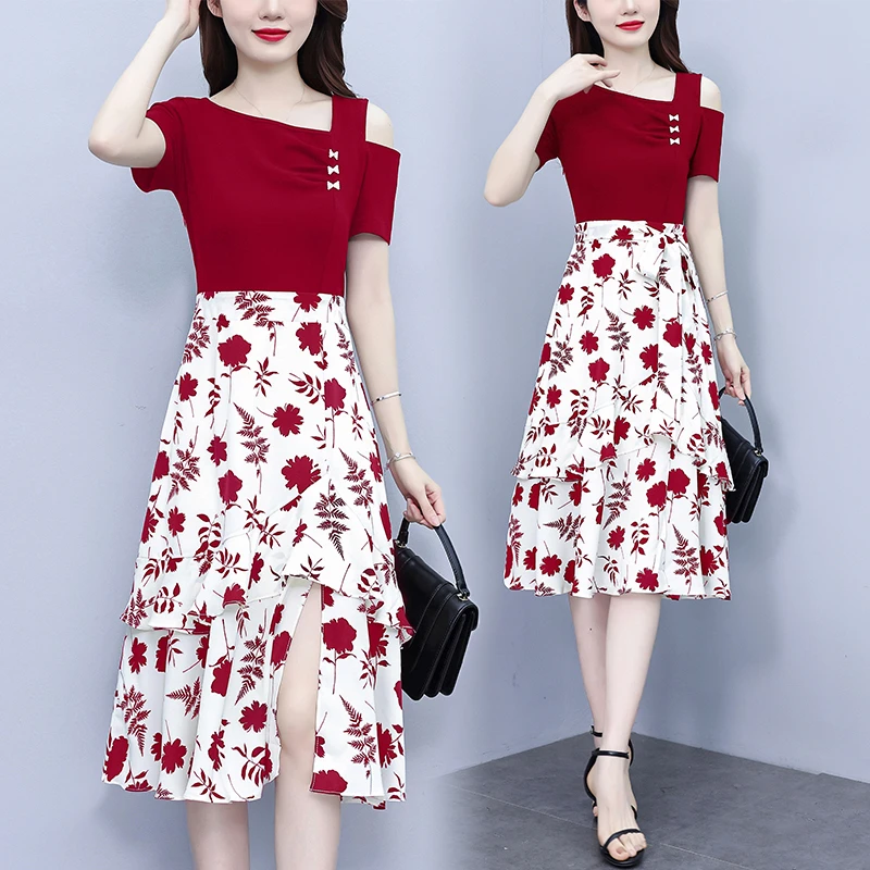 洋气高端大码女装夏季新款胖妹妹女士时尚拼接假两件两件套连衣裙