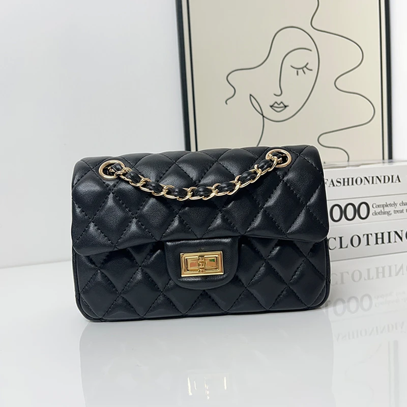 高级感真皮女包2025新款小香风菱格链条包百搭单肩斜挎包羊皮小包