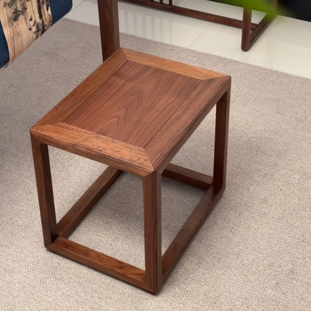 北美黑胡桃木新中式家用鞋凳方凳化妆凳简约禅意小凳客厅方形餐厅