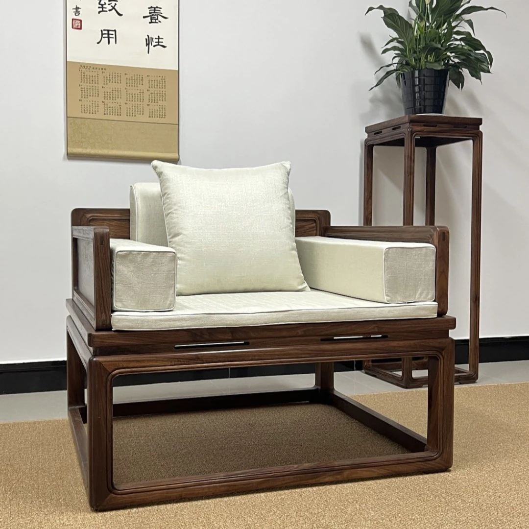 新中式北美黑胡桃木单人沙发椅休闲椅凳子实木沙发椅简约现代客厅