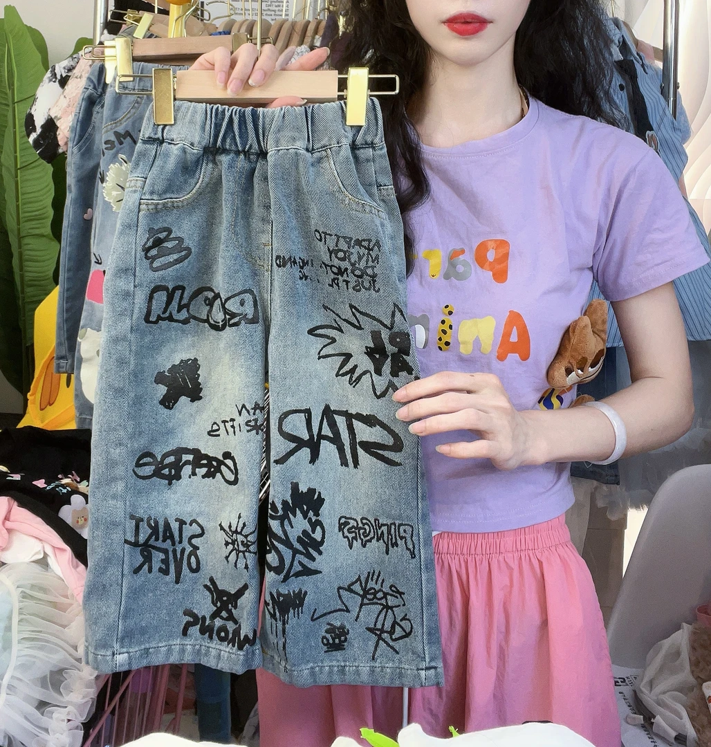 【城城妈专属】男女童春秋款黑色涂鸦牛仔裤