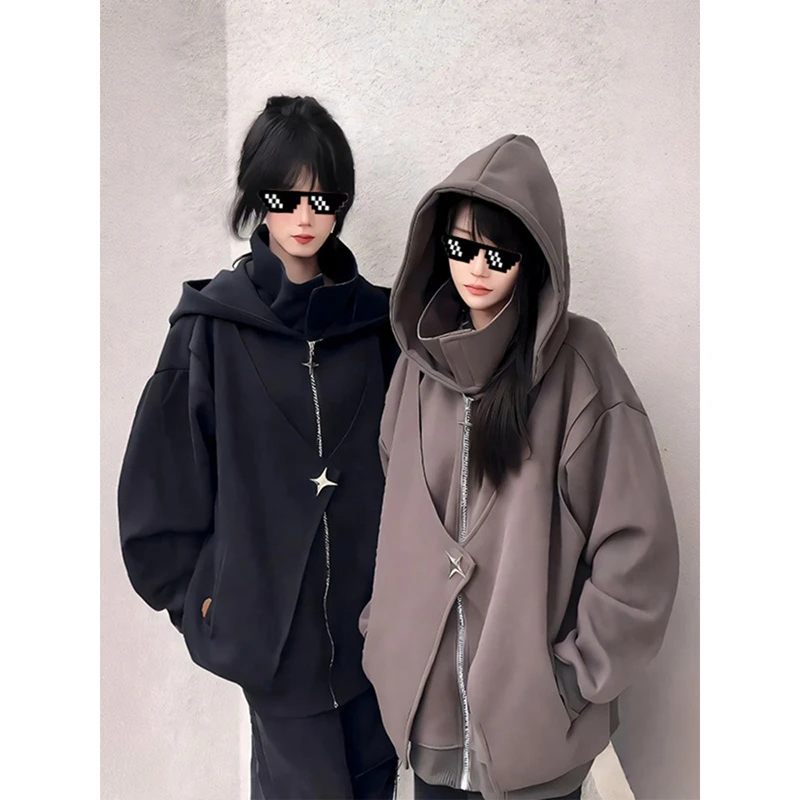 美式假两件高领开衫卫衣男秋冬解构设计感外套高级感重磅连帽夹克