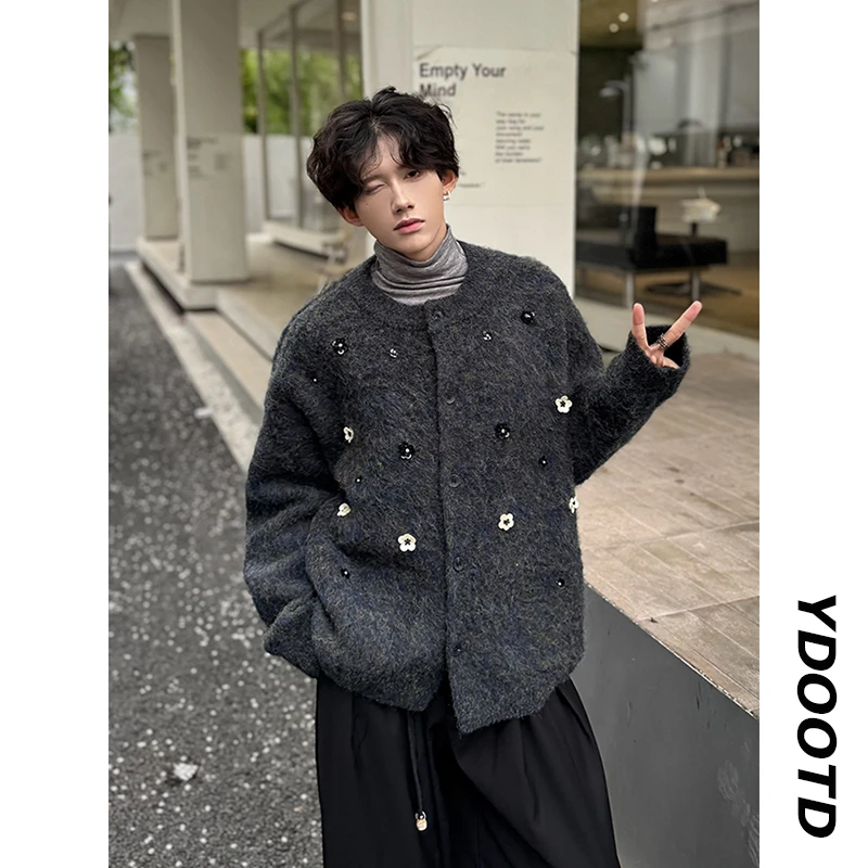 美式复古珠片花朵开衫毛衣cleanfit慵懒风软糯针织外套男宽松上衣