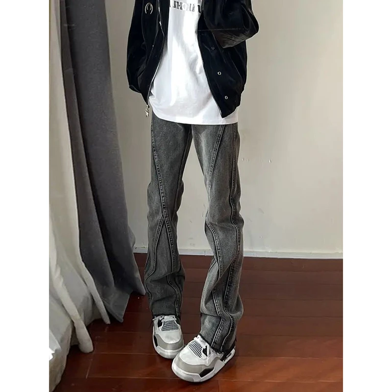 黑灰色毛边弯刀牛仔裤男款美式高街设计感裤子直筒拼接修身微喇裤