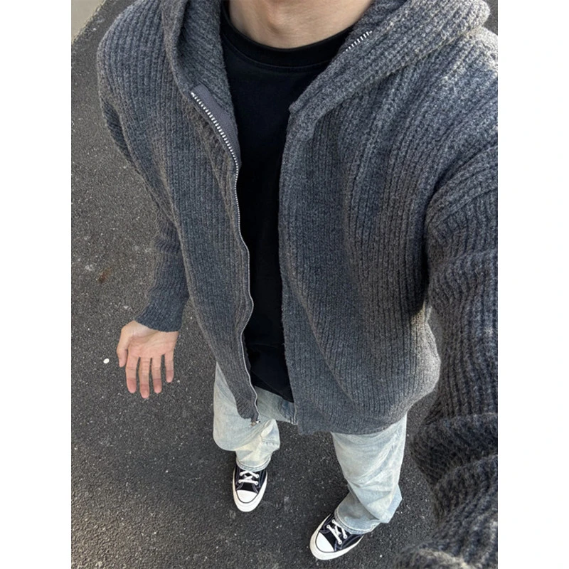 灰色连帽毛衣开衫男款慵懒高级感美式复古cleanfit拉链针织衫外套