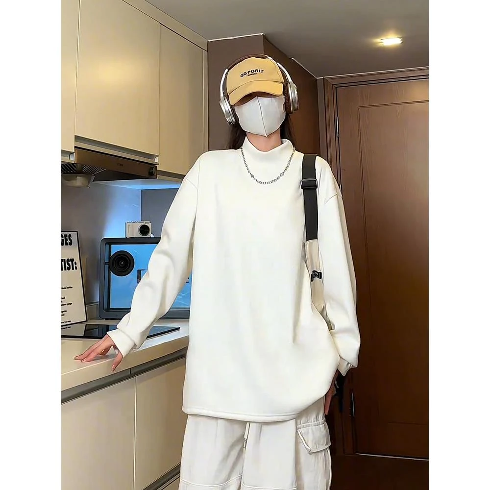 白色德绒半高领打底衫男秋冬基础款加绒加厚卫衣美式内搭长袖t恤