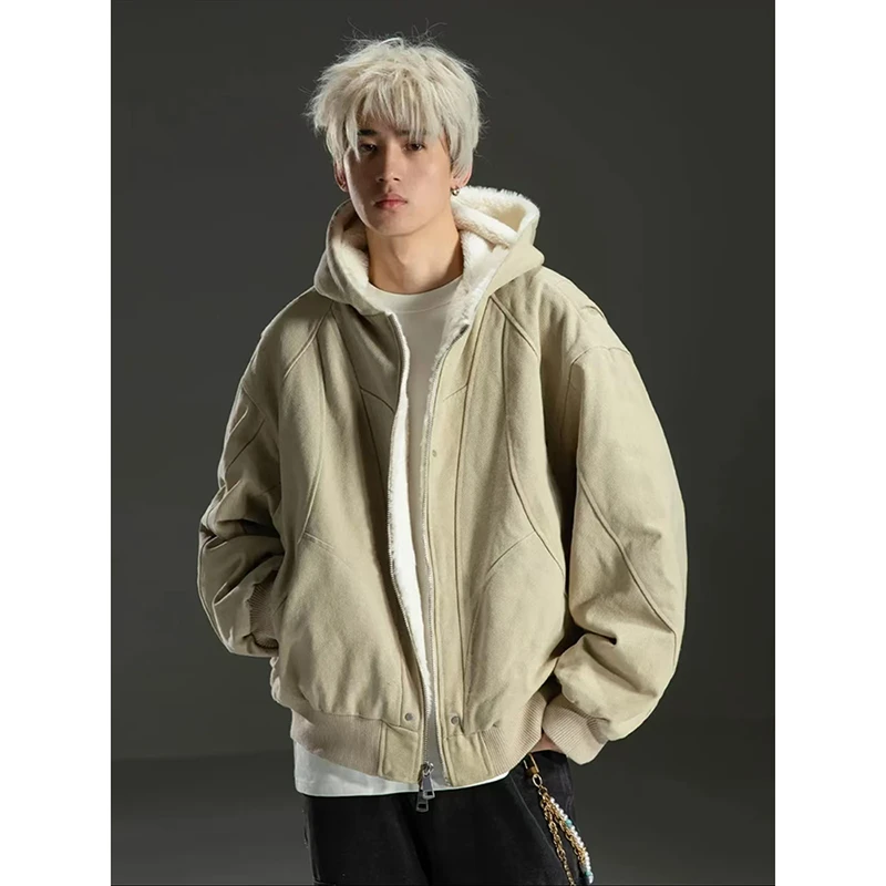 美式cleanfit座山雕二代棉服外套男款冬季羊羔绒复古连帽帆布夹克