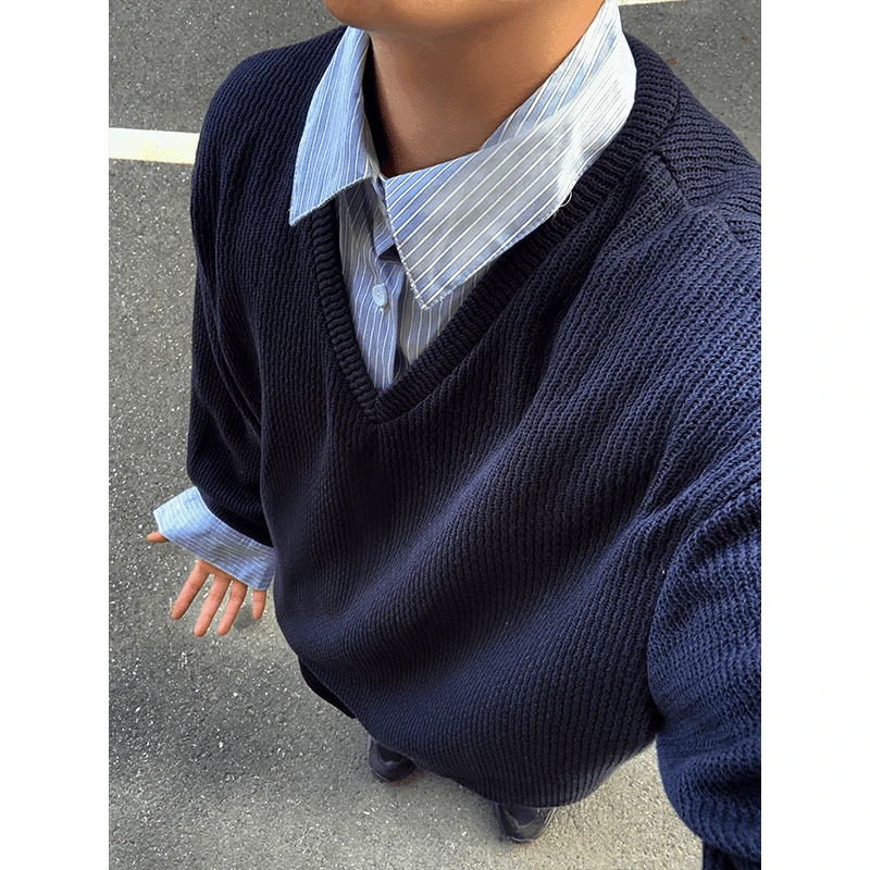 藏青色假俩件卫衣男款春秋季宽松休闲衬衫领外套美式复古痞帅上衣