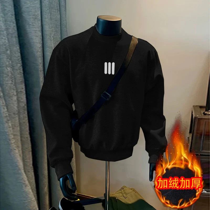 黑色短宽卫衣男款秋冬加绒小领口无帽卫衣cleanfit内搭长袖打底衫