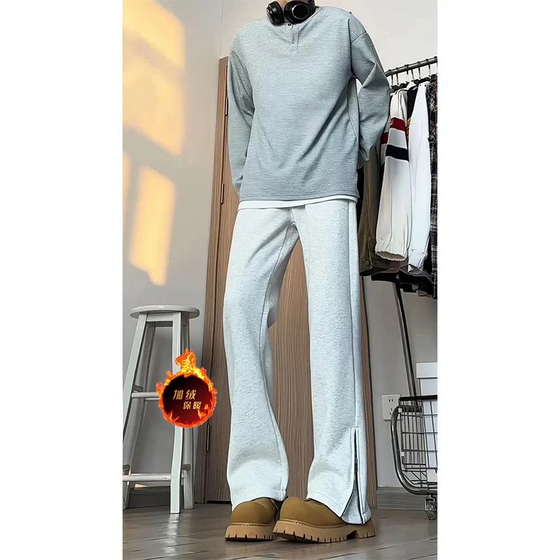 白花灰修身微喇卫裤男款秋冬加绒cleanfit裤子侧拉链美式休闲长裤