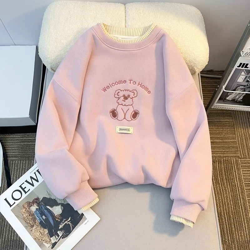 女童加绒卫衣2024新款洋气中大童绣花长袖春秋加厚假两件圆领上衣