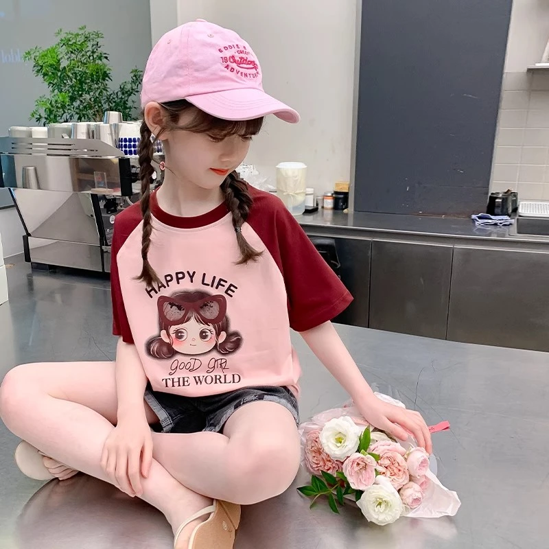 女童夏季短袖2024新款洋气女孩中大童撞色T恤洋气网红卡通上衣潮