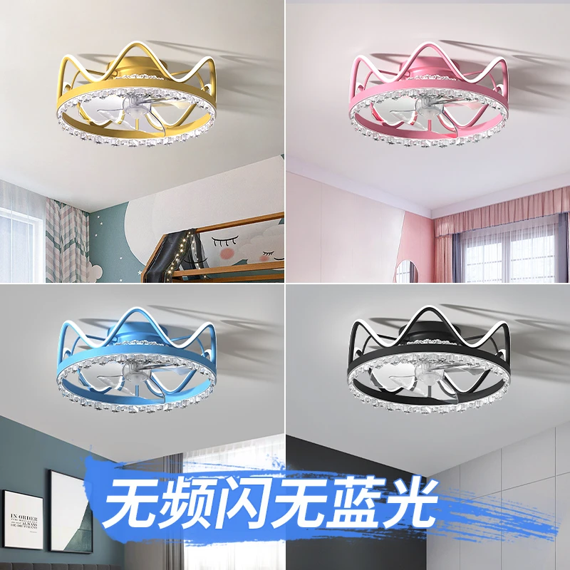 儿童吸顶风扇灯2023年新款家用卧室女孩皇冠摇头电扇灯吊扇灯一体