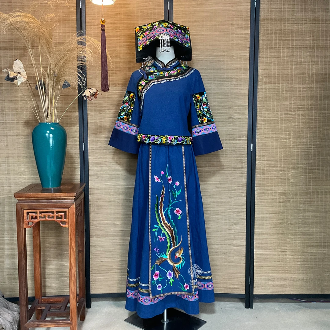 妈汝民族服饰土家族苗族布依族女装蓝靛染套装