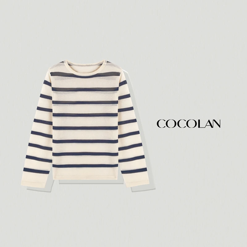 COCOLAN【航海线】新款长袖透气亚麻条纹针织防晒圆领罩衫WL3XS5277