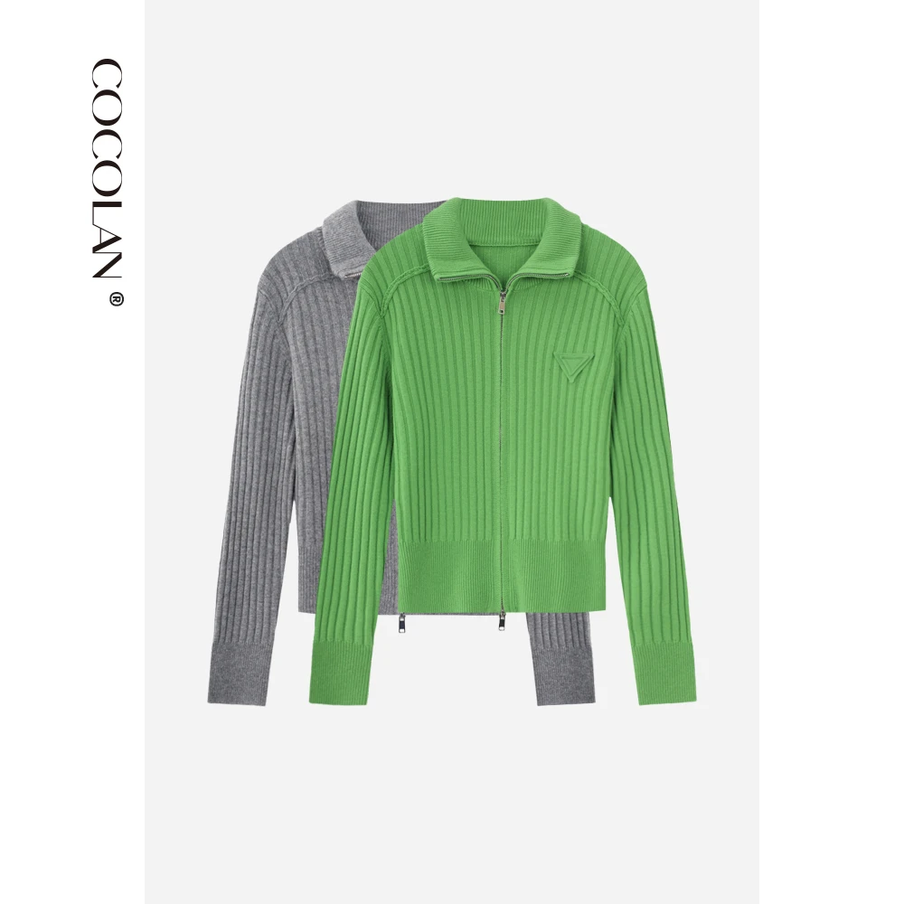 COCOLAN 【吸引力】100羊毛针织长袖条纹拉翻领链针织开衫CL6MY0198