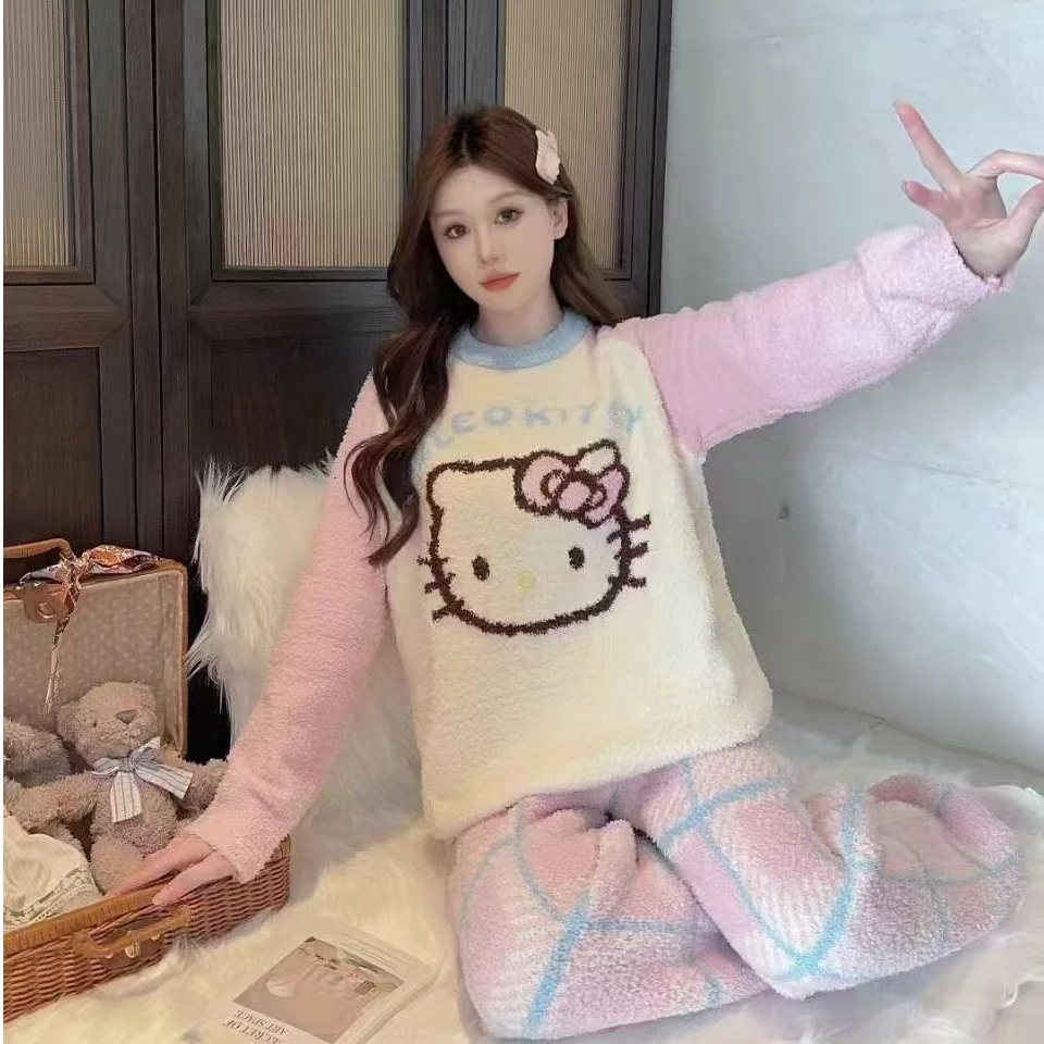 特价！！特价！！半边绒睡衣女冬加绒撞色可爱甜美kt猫保暖家居服