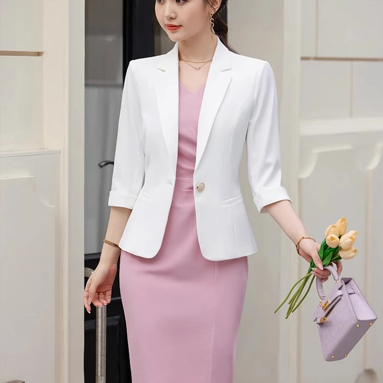 中袖小西装外套女2024新款春夏季休闲百搭连衣裙薄款气质西服套裙