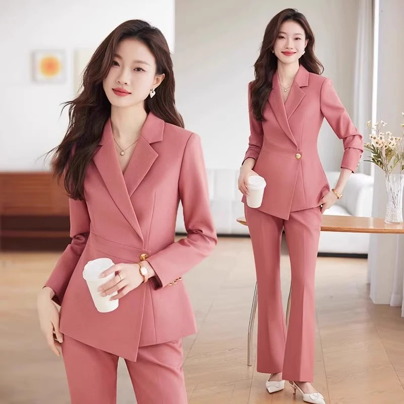 粉色西装套装女秋冬职业装气质女神范高级感主持人正装工作服西服