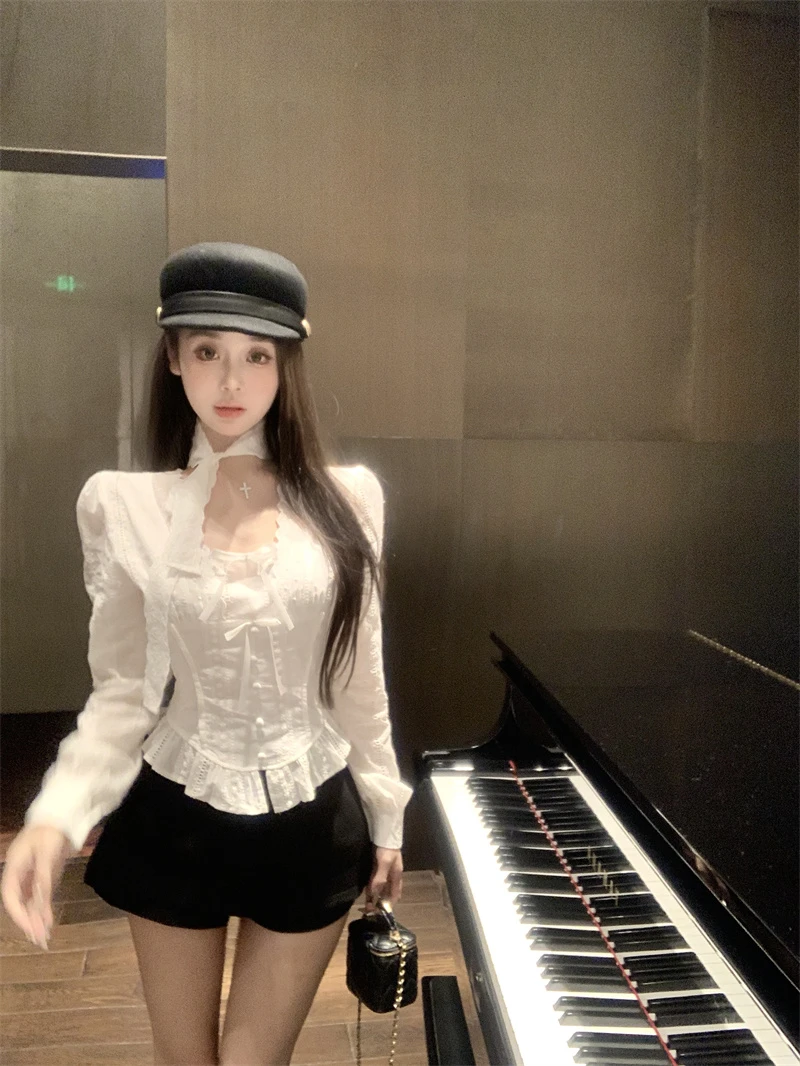 实拍  韩系千金 时尚设计修身蕾丝衫女秋季百搭韩系性感上衣套装