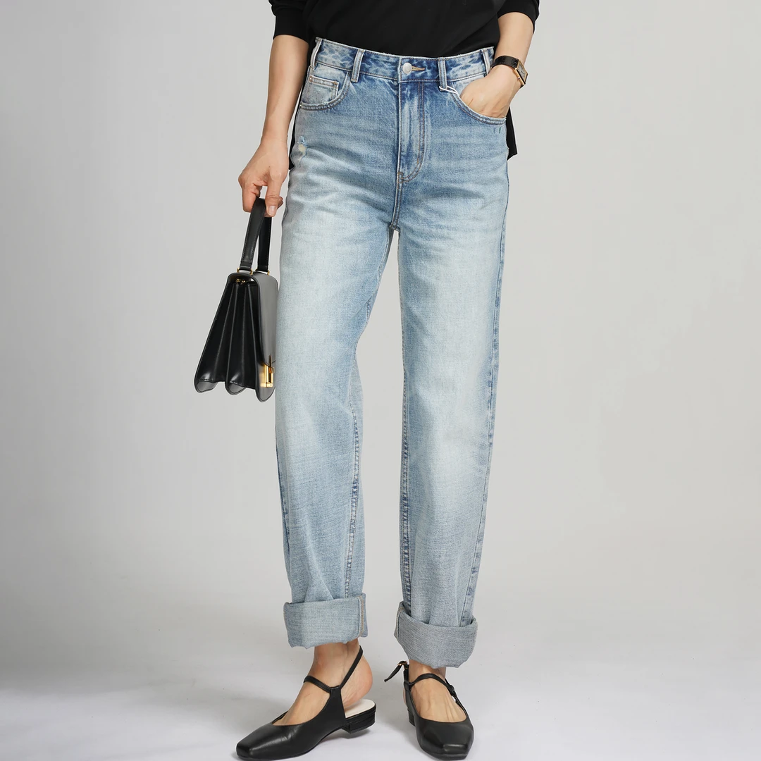 【meebest】(原399)水洗浅蓝裤脚微锥老爹牛仔裤K24195