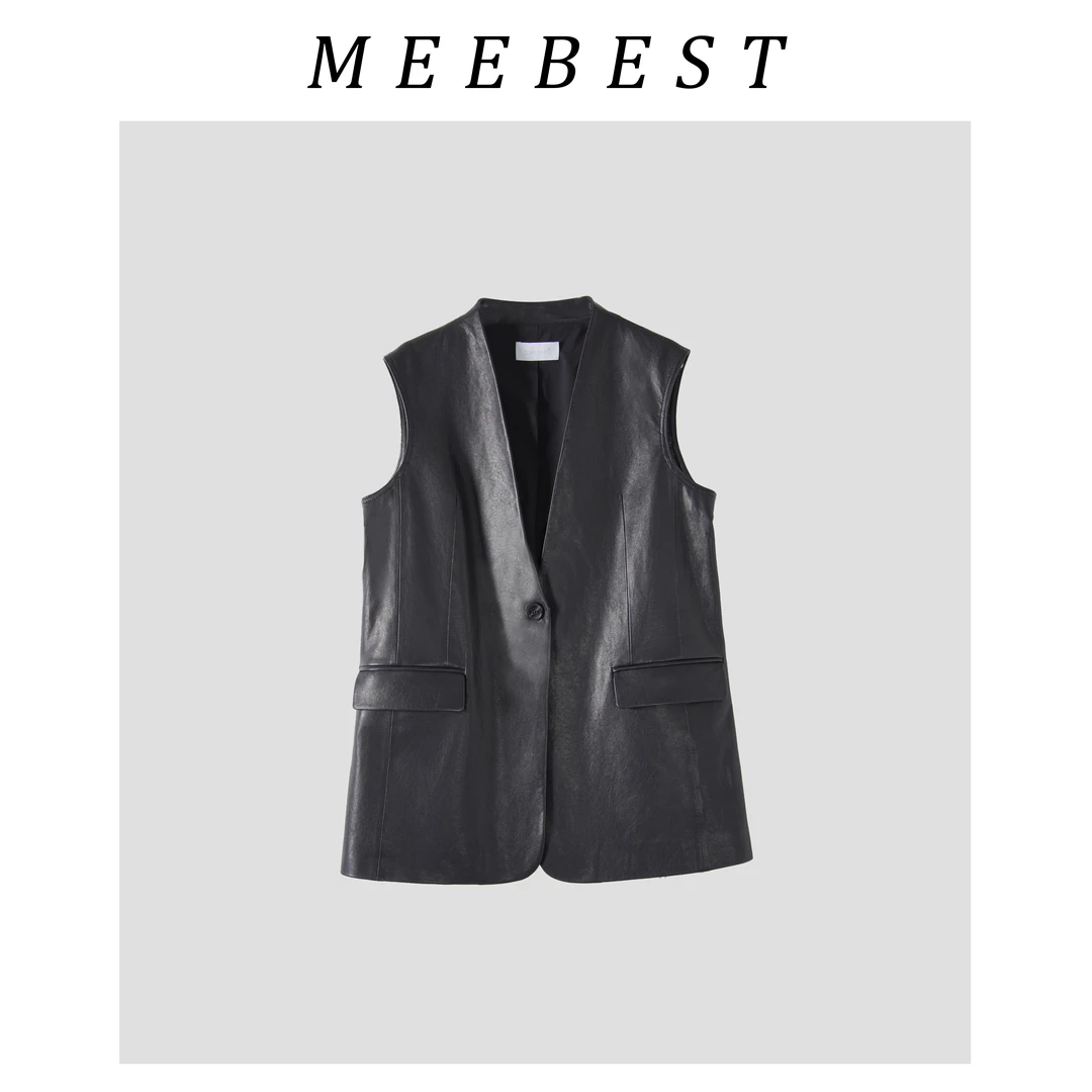 【meebest】(原1150)简约V领植鞣羊皮马甲PM23449