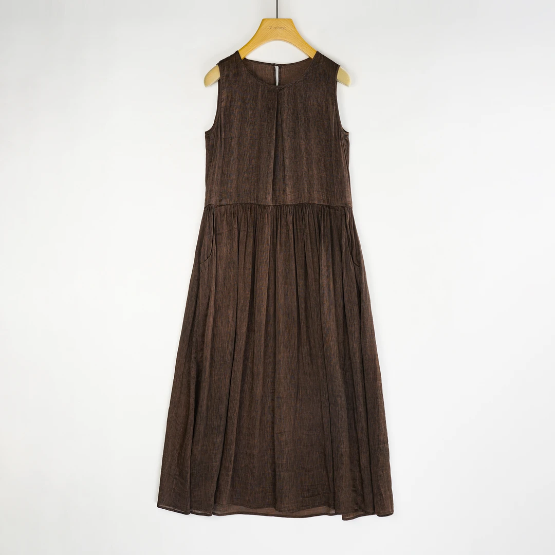 【meebest】(原860)Q2430环保植物染色圆领无袖丝麻中长款连衣裙