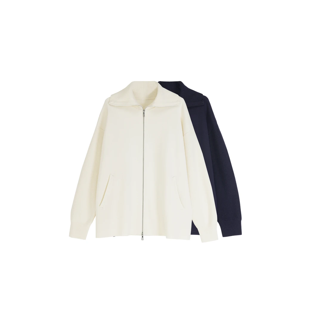 【meebest】(原585)W24753慵懒风~双拉链大翻领针织羊毛外套