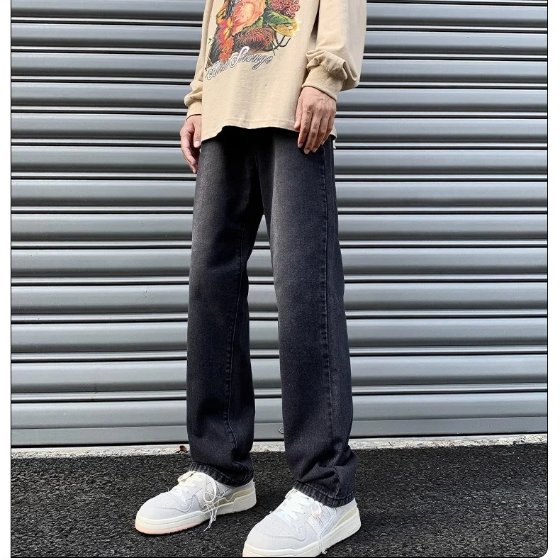 春夏黑灰色微喇牛仔裤男宽松直筒垂感裤子美式高街百搭阔腿修身裤