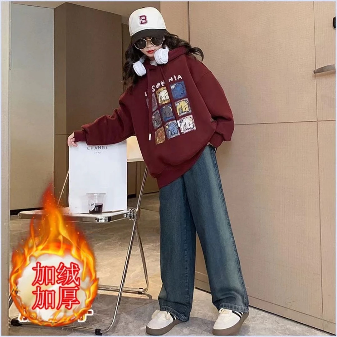 女童加绒卫衣秋冬款2023新款儿童冬季洋气连帽女大童秋装女孩上衣