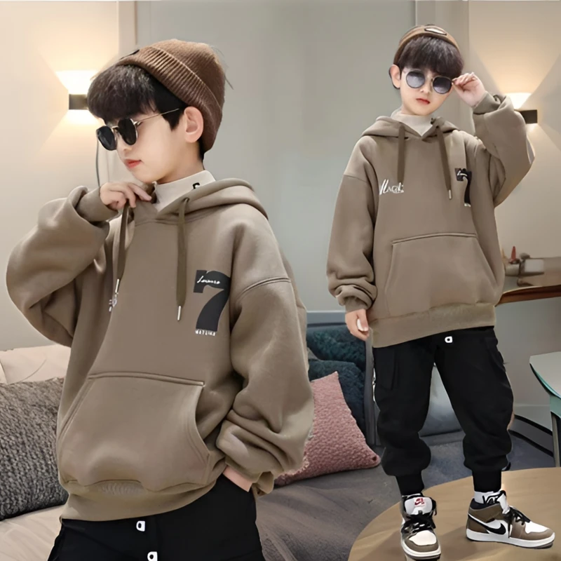 儿童外套卫衣上衣童装男童洋气连帽加绒休闲宽松中大童保暖秋冬季