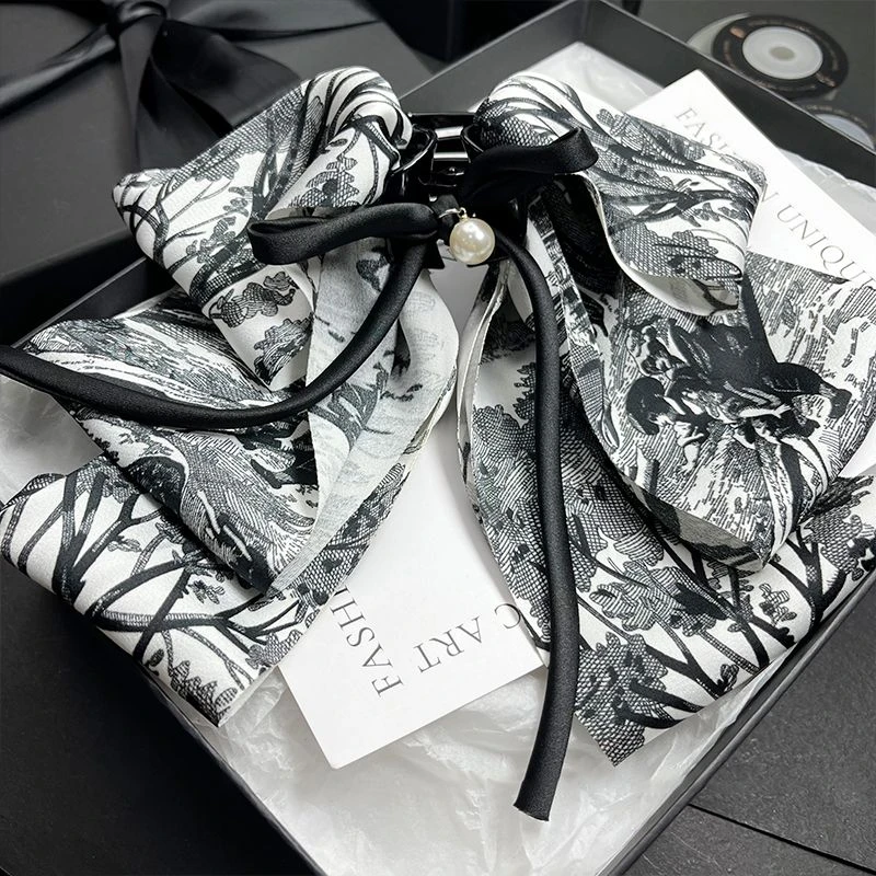 古风水墨画多层蝴蝶结飘带抓夹女新中式鲨鱼夹发饰高级感头饰