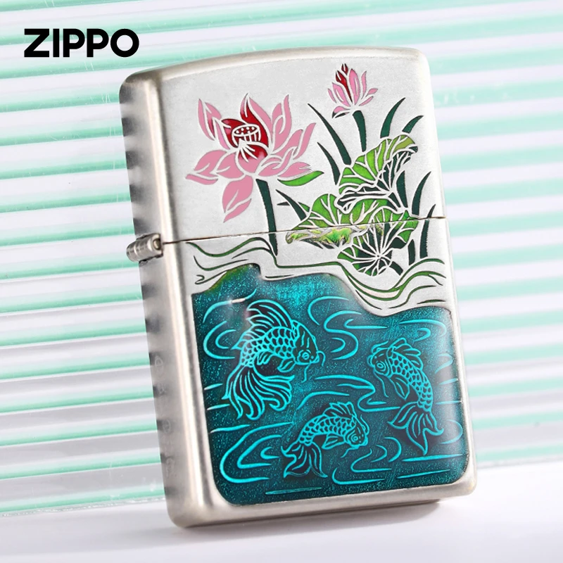 ZIPPO/之宝打火机 鱼戏莲叶夜光珐琅填漆 男士复古防风DYX1H1F1